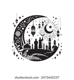 Eid Mubarak, religious Islamic vector silhouettes, logo, icon with crescent moon design 