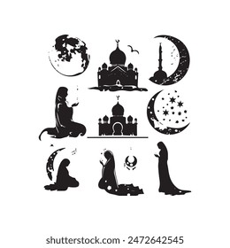 Eid Mubarak, religious Islamic vector silhouettes, logo, icon with crescent moon design 