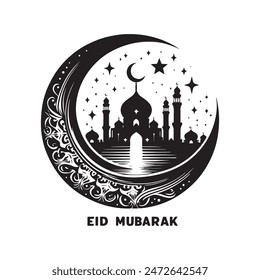 Eid Mubarak, religious Islamic vector silhouettes, logo, icon with crescent moon design 