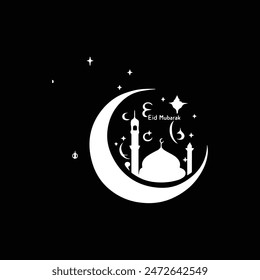 Eid Mubarak, religious Islamic vector silhouettes, logo, icon with crescent moon design 