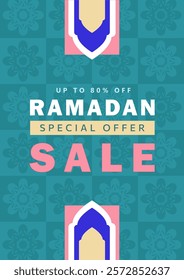 Eid Mubarak sale banner with bold text promoting "Up to 80% Off" on teal background with geometric arabesque pattern. Card for special deals, discounts and promotions during the Ramadan season.