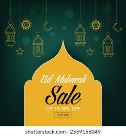 Eid Mubarak sale banner design with hanging lanterns star and moon