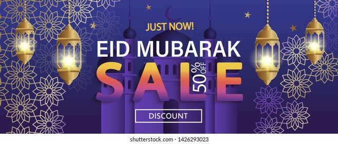 Eid Mubarak sale Banner. Discount flyer for shopping on traditional muslim holiday. Card with sheep, moon, golden ornament, lamp and mosque for promotions and offers. Promo fo ramadan. Vector.