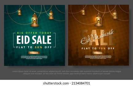 Eid mubarak sale concept for social media design with realistic lamp vector illustrator, Islamic greeting card of Eid Mubarak, Eid Fitr, Eid Adha, Ramadhan kareem