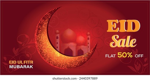 Eid Mubarak Sale with Flat 50% Off.Eid sale banner design with crescent and mosque illustration.Eid ul fitr banner template Sale 50% on gradient of dark red colors.Eid Mubarak greeting card vector.