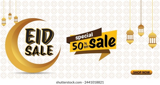 Eid Mubarak Sale with Flat 50% Off. Creative social media banner design with illustration of golden crescent and hanging lanterns with Shop Now button. Special 50 percent off sale offer limited time