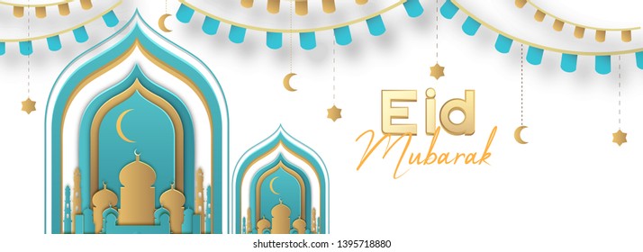 Eid Mubarak Sale header or banner design with best discount offer, mosque 
golden illuminated lantern on background