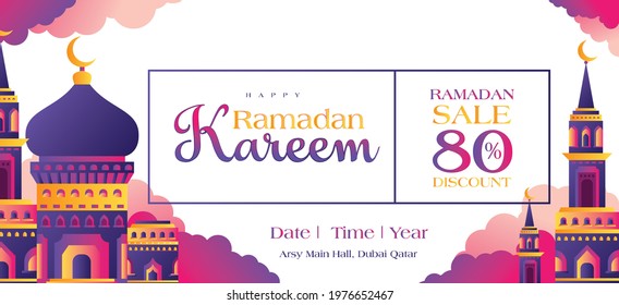 Eid mubarak sale offer banner with mosque and lamp design vector illustrator, greeting card of eid mubarak, eid fitr, eid adha, Ramadhan kareem