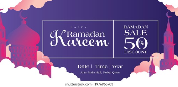 Eid mubarak sale offer banner with mosque design vector illustrator, greeting card of eid mubarak, eid fitr, eid adha, Ramadhan kareem Luxurious purple background design