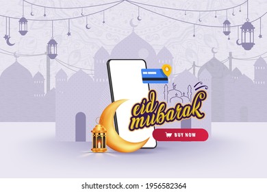 Eid Mubarak Sale Online Store, Eid Mubarak Greetings with Smartphone Template Vector Illustration 