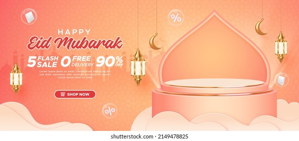 Eid mubarak sale promo banner template with patterns background, mosque and arabic ornamentals