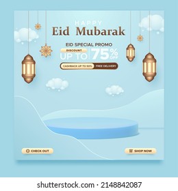 Eid Mubarak venta promo cuadrado plantilla de banner, adorable fondo azul con ornamentales árabes y podio