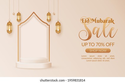 Eid mubarak sale promotion background with podium and lanterns