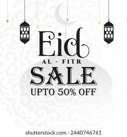 Eid Mubarak sale vector with white theme upto 50% off Eid special sale design EPS editable file  Minimal flat or white background.