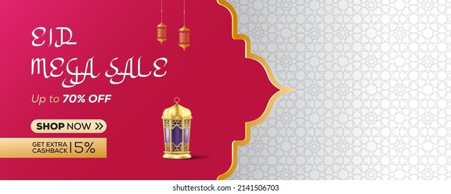 Eid Mubarak Sale, web banner design with golden lantern and space for your product image.Vector