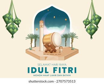 Escena de Eid Mubarak con palmeras, bedug (tambor islámico indonesio) y ketupat (pastel de arroz indonesio) en fondo beige suave. Traducción: Feliz Eid Mubarak