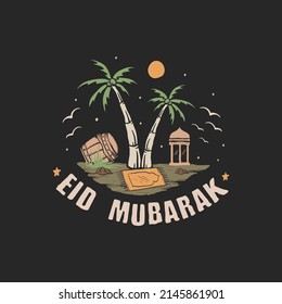 Eid Mubarak scenery with palm trees, mosque and beduk hand drawn vector vintage illustration