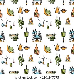 Eid mubarak seamless pattern, idul fitri celebration background in doodle style