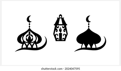 Eid Mubarak set clipart isolated on white. Stencil moon, masjid. Vector stock illustration. EPS 10