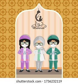 "eid mubarak" Set of doctors and nurses, Character Happy Eid Mubarok illustration vector. Medical team in conditions of coronavirus pandemic, covd-19 quarantine. vector illustration


