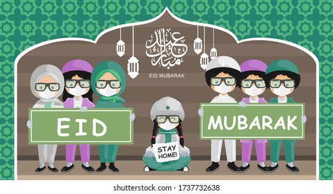 "eid mubarak" Set of doctors and nurses, Character Happy Eid Mubarok illustration vector. Medical team in conditions of coronavirus pandemic, covd-19 quarantine. vector illustration "Stay home" 
