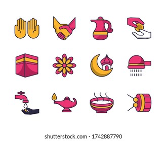 eid mubarak conjunto iconos de estilo de relleno diseño de ilustración vectorial