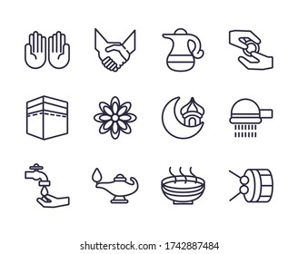 eid mubarak set line style icons vector illustration design