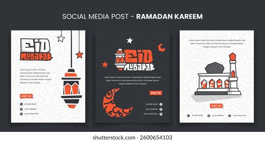 Eid mubarak. Set of portrait social media post template with cartoon lantern and mosque for eid mubarak. islamic post design in black and white background