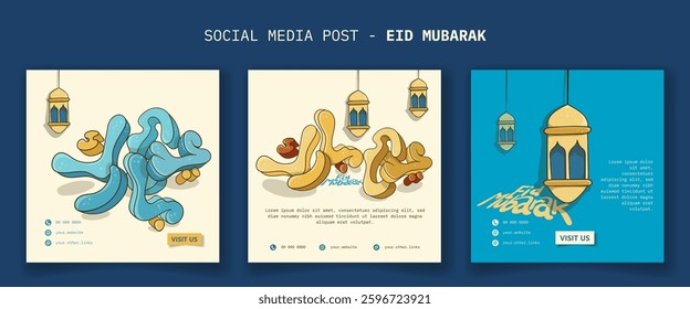 Eid mubarak. Set of social media post template with 3d arabic typography and lantern in cartoon design for eid mubarak campaign. arabic text mean is your eid mubarak