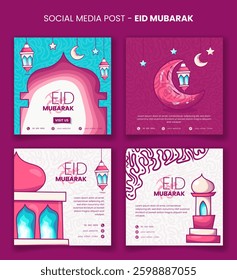 Eid mubarak. Set of social media post template in cerise pink design with cartoon lantern mosque and crescent moon. Arabic text mean is eid mubarak. islamic background design