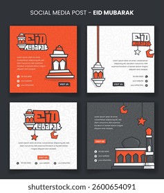 Eid mubarak. Set of social media post for eid mubarak with cartoon lantern and mosque in arabic letter background. Islamic background with arabic letter design
