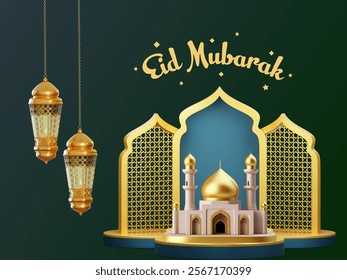 "Eid Mubarak" shines bright with golden lanterns and a majestic mosque. Celebrate the spirit of Eid with this festive image. 