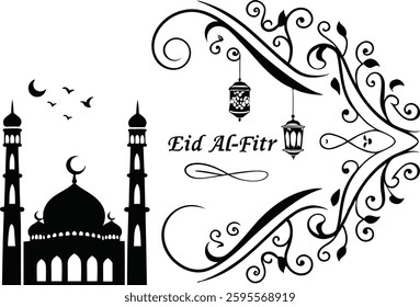 Eid Mubarak Silhouette Art Design with Mosque 
