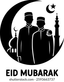 Eid Mubarak: Silhouette of two men celebrating a Muslim festival vector design