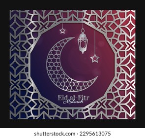 Eid Mubarak silver postcard. Ramadan traditional festival. Abstract crescent with lamp and stars. Ramazan and ramadhan. Poster or banner. Realistic flat vector illustration