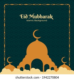 Eid mubarak simple design background. Vector for post, banner, sayings. Green and gold colour.