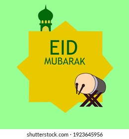 eid Mubarak simple design greeting card background, vector illustration of mosque and traditional drum
