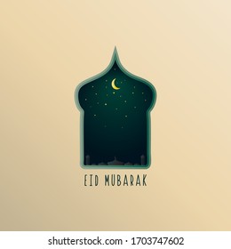Plantilla de diseño de tarjetas de felicitación simple de Eid Mubarak. un lujoso y magnífico entorno islámico. diseño vectorial de la fuente de alimentación de Instagram. Cartel de los medios sociales. ilustración de estrellas, noche, mezquita, luna