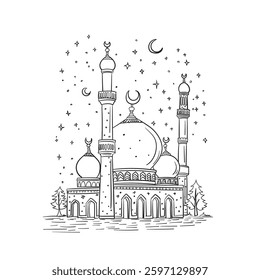 Eid Mubarak, Sketch of Mosque related to Eid Mubarak. Hand drawn sketch of mosque under the stars and half moon. 
