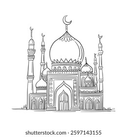 Eid Mubarak, Sketch of Mosque related to Eid Mubarak. Hand drawn sketch of mosque under the stars and half moon. 
