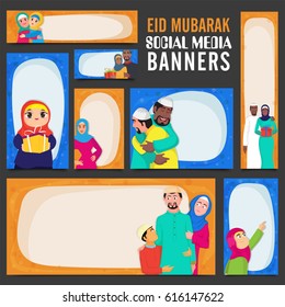 Eid Mubarak Social Media banners set with illustration of different muslim characters. - Shutterstock ID 616147622
