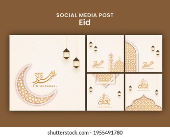 Eid Mubarak Social Media Post Or Greeting Card In Five Options On Brown Background.