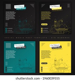 Eid Mubarak Social media post. set of social media post template with line art mosque design. good template for ramadan or eid design.