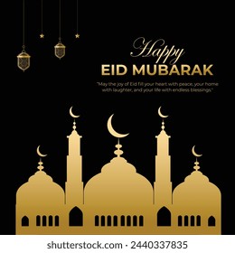 Eid Mubarak Social media post with black background and golden-mosque