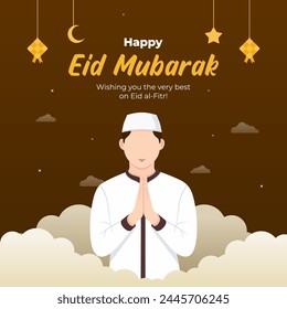 Eid Mubarak publica en las redes sociales ilustración de diseño de Plantilla. un hombre con un gesto de disculpas y una nube blanca detrás de él. ketupat dorado, media luna y adornos de estrellas.