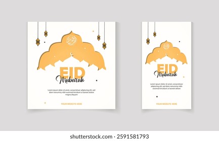 Eid mubarak social media post templates with Islamic elements, masjid, lamp, star in paper cut style