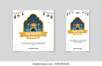 Eid Mubarak social media post and story template with Islamic pattern, masjid, moon, lamp vector