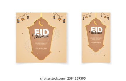 Eid Mubarak social media post and story template with Islamic lantern, mandala, star, lamp vector 