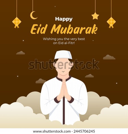 Eid Mubarak social media post illustration template design. a man with an apologizing gesture, and a white cloud behind him. golden ketupat, crescent, and star ornaments.