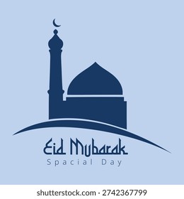 Eid mubarak spacial day vector graphic design featuring a mosque with a crescent moon and elegant typography on a light blue background, symbolizing islamic faith and celebration.